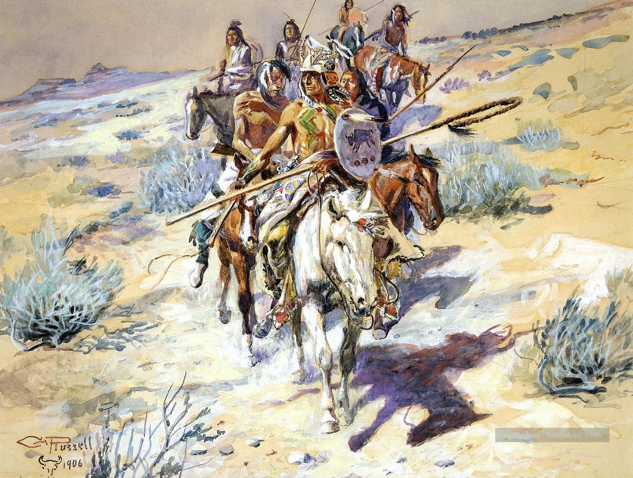 Retour des Guerriers Art occidental Amérindien Charles Marion Russell Peintures à l'huile